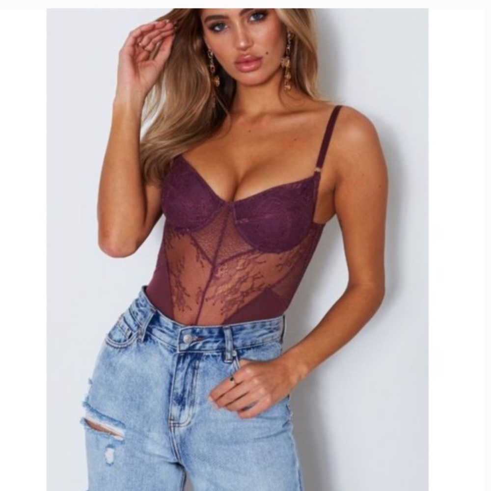 White Fox Boutique Plum Lace Sheer Bodysuit